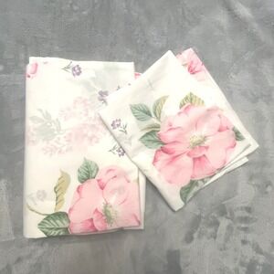 Wamsutta Vintage Floral Twin Flat Sheet Pillowcase White Pink Roses Green